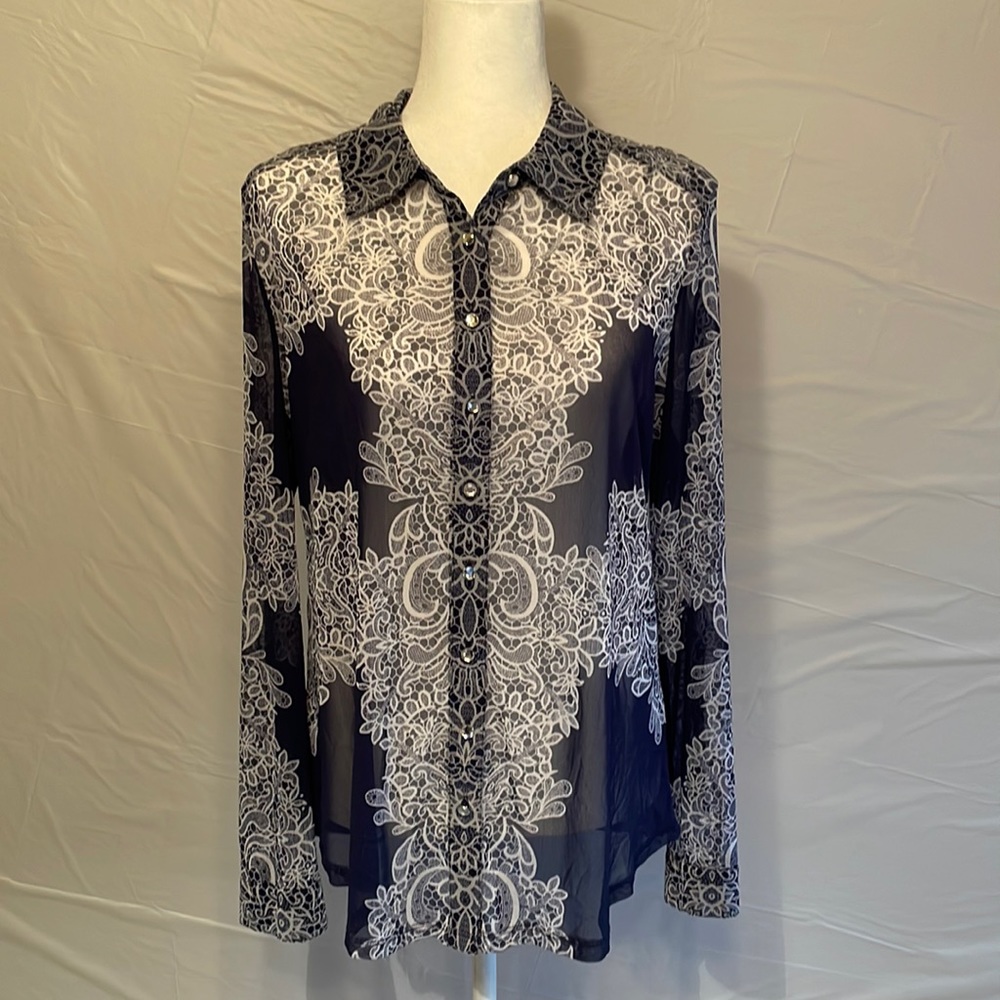 INC INTERNATIONAL CONCEPTS BUTTON UP SHEER BLOUSE NAVY BLUE WITH WHITE LACE LOOK